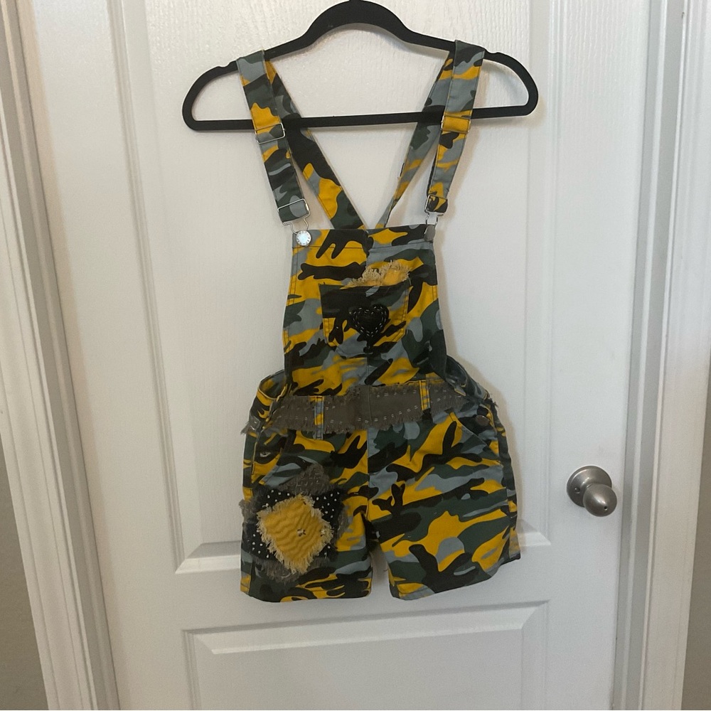 Artisan design overalls shorts. camouflage one-of-a-kind boho hippy chic
